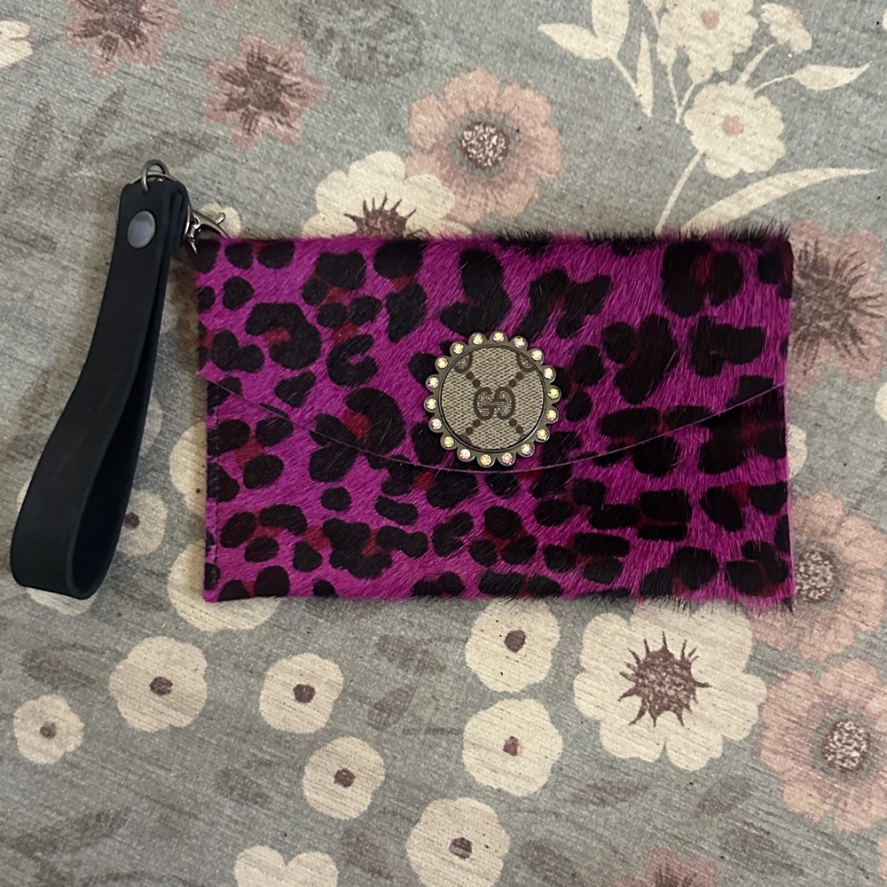 Purple Leopard Print Wristlet Clutch with Decorative Medallion